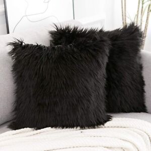 NEW Set 2 Black Fluffy Pillow Covers Luxury Series Fuzzy Faux Fur 18 x 18