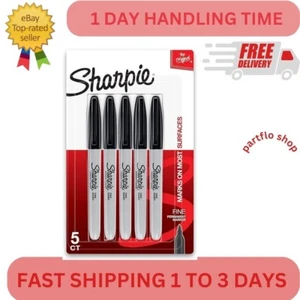 Sharpie Permanent Markers, Fine Point, Black, 5 Count - Picture 1 of 2
