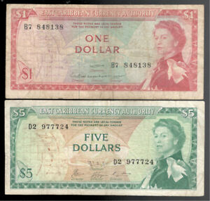 East Caribbean States, 1965, QE11, $1 & $5 Dollars, 2 Notes, NICE Fine-Fine+!