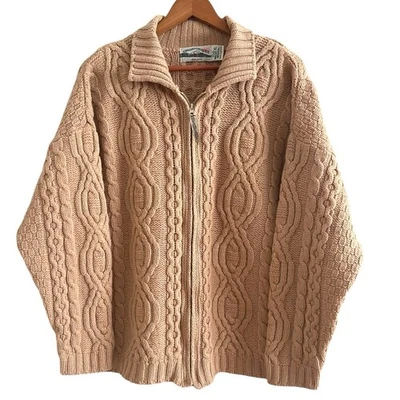 Aran Crafts 美利奴羊毛渔夫电缆针织开衫 XL 棕褐色厚底 Cabincore  — 第 1/4 张图片