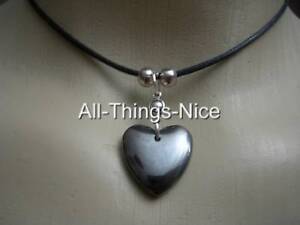 HEMATITE Gemstone 20mm Puff Love HEART Black Goth Pendant Necklace Jewellery