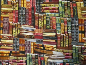 BOOKS ON SHELVES METALLIC THREAD COTTON FABRIC FQ - Picture 1 of 4