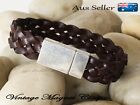 Vintage Stainless Steel Brown Leather Magnet Cuff Bangle Mens Wristband Bracelet