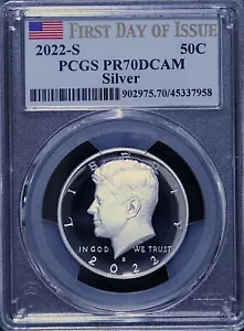 2022 S KENNEDY SILBER HALBER DOLLAR PCGS PR70DCAM 50C First Day Flagge Etikett - Bild 1 von 2