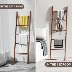Blanket Ladder for Living Room, 5-Tier Wooden Ladder Shelf, Rustic Decorative - Picture 1 of 6