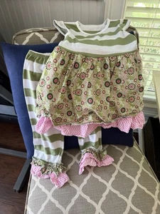 Girls 4-5T Pants Outfit, Boutique, Short Sleeve, Ruffles Green & White Stripe - Picture 1 of 7