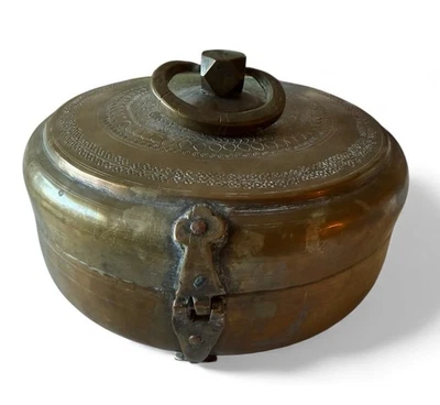 Старинный латунный индийский азиатский ящик чапати с ручной гравировкой сокровища для хранения - Изображение 1 из 4