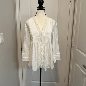 Diane von Furstenberg Layla Linen Pintuck Tunic Blouse White Peasant Top Size 10 - Picture 1 of 7