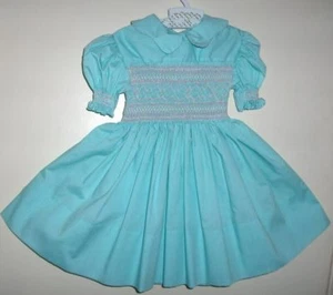 SMOCKED DRESS SIZE 3 STUNNING LT.TURQUOISE HANDMADE - Picture 1 of 1