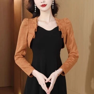 Damen Kunstwildleder Bolero Strickjacke Capelet Open Front Schulterjäckchen Fest - Bild 1 von 4