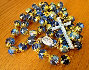 Rosary Necklace Large Blue Bohemian Glass Beads Crucifix Cross From Jerusalem M - Picture 1 of 11