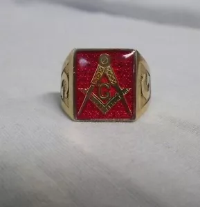 10K 417 Yellow Gold Masonic Ring Red Mason Compass Size 10-1/2 - Picture 1 of 5