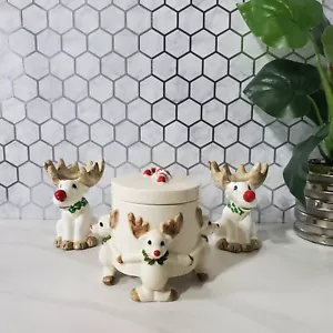 Fitz and Floyd Christmas Reindeer Ceramic Candle Holders and Trinket Box Set - Picture 1 of 21