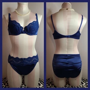 New Vintage Victoria's Secret Second Skin Bra/ Panty Set 34A/sm ♡ Admiral Blue - Picture 1 of 11
