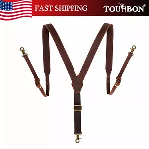 TOURBON Leather Heavy Duty Men's Y-Back Adjustable Suspender with 3 Hooks Gift - Picture 1 of 24