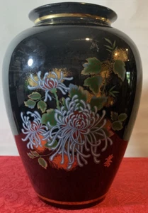 Vintage Black Hand Painted Art Black Glass Enameled Vase - Picture 1 of 5