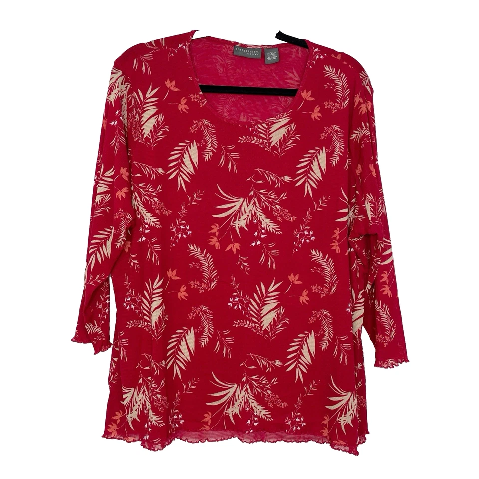 Top de malla de relatividad Y2K para mujer 3X rojo estampado floral hojas lechuga con volantes Foto 1 de 4