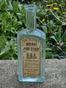 Antique Dr Woods Norway Pine Syrup Bottle Paper Label Buffalo NY - 7 1/2" - Picture 1 of 8