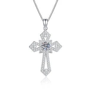 D Color Moissanite Cross Pendant Necklace Women 925 Sterling Silver Chain W/GRA - Picture 1 of 12