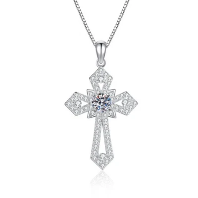 D Color Moissanite Cross Pendant Necklace Women 925 Sterling Silver Chain W/GRA - Image 1 of 4