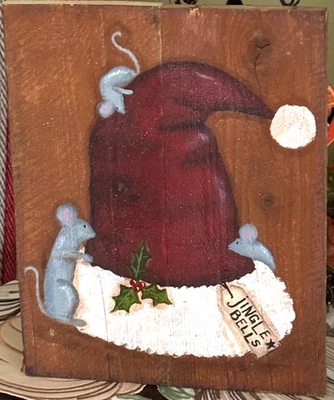 *~* HAND PAINTED SANTA HAT *~* MICE *~* JINGLE BELLS *~* RECLAIMED WOOD - Image 1 of 2