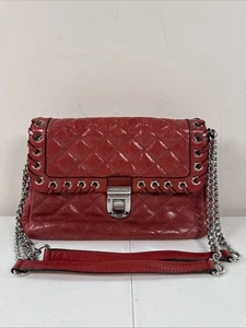 Michael Kors Hippie Grommet Sloan Large Quilted Shoulder Flap Handbag Red Silver - Picture 1 of 11