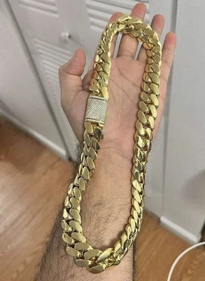 2Ct Moissanite Men's 14mm Miami Cuban Link Chain Necklace 14K Yellow Gold Plated - Image 1 of 4