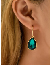Silver With Gold Filled Water Drop Emerald Green Zirconia Elegant Earring UK