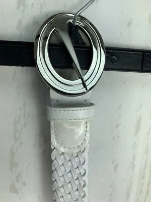 Nike Women's M Swoosh Logo White Cutout Braided Leather Belt - Image 1 of 4