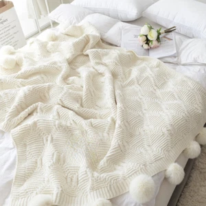 Chenille Knitted Blanket Pompom Balls Throw Blanket Home Couch Bed Sofa Decor - Picture 1 of 13
