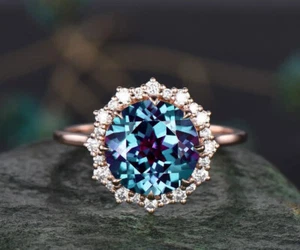 2.70Ct Round Cut Simulated Alexandrite Halo Engagement Ring 14k Rose Gold Over - Picture 1 of 6