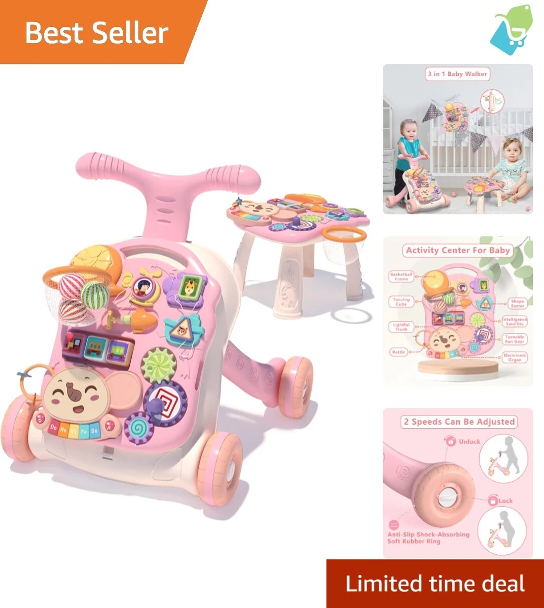 Baby Walkers For 1 Year Olds Stable Triangular Walker Design 3-in-1 Sit ...