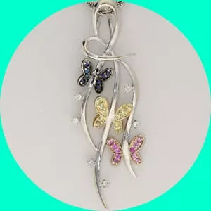 Diamond Sapphire Triple Butterfly Pendant Necklace .33CT 18K Gold 18” Chain - Picture 1 of 8