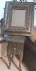 Blackened Silver Metal Embossed Bedside Table with Drawer & Matching Mirror 