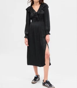 Gap Satin Ruffle Midi Dress V-Neck Fit & Flare Black Pockets Small Petite NWT - Picture 1 of 21