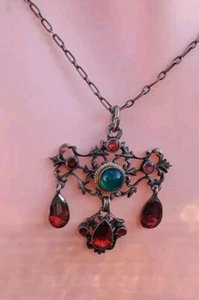 Antique Austro - Hungarian Foiled Almedine Garnet Green Agate Necklace - Picture 1 of 11