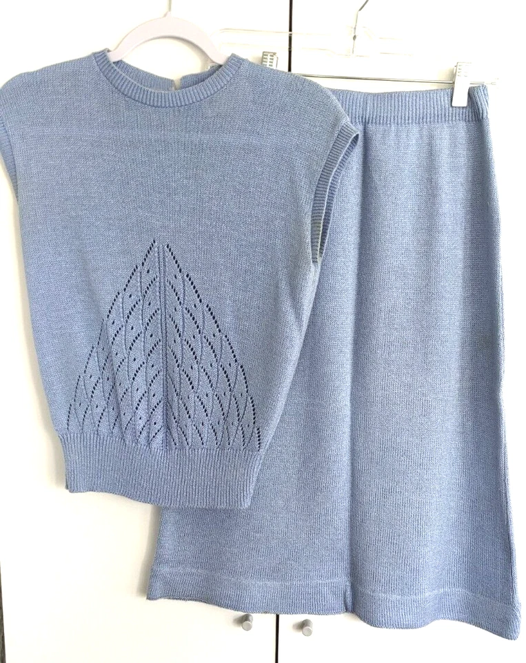 Vintage Jantzen Knit Sweater Skirt Set Light Blue Sleeveless A Line Size Small - Image 1 of 4