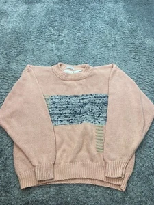 Vtg Peninsula Sweater Mens Large Pink Coral Hand Embroidered Linen Fisherman 90s - Picture 1 of 8