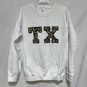 Womens Crewneck Sweatshirt Size Small Embroidered White TX Texas Leopard Animal - Picture 1 of 7