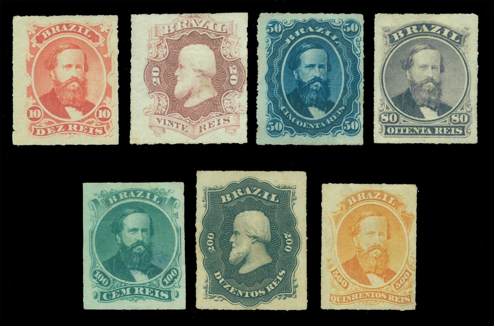 BRAZIL 1876/77  Dom Pedro complete set  10r-500r rouletted  Scott 61-67 mint MH - Image 1 of 2