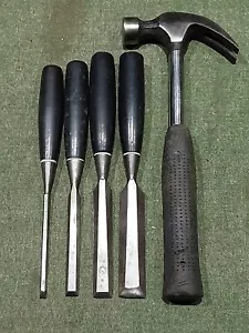 Claw Hammer + 1/4 1/2 3/4 & 1" Bevel Edge Wood Chisels Carpenter Uphostery Tools - Picture 1 of 15