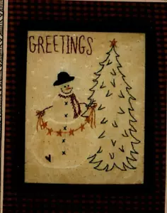 Greetings Stitchery Pattern Primitive Embroidery Snowman Stringing Lights Tree - Picture 1 of 3