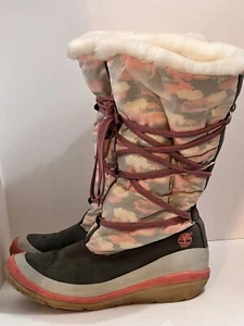 Timberland Women’s Boots Size 11 Fur Lined Pink Camo Winter Snow Puffer Lace 13” - Picture 1 of 11