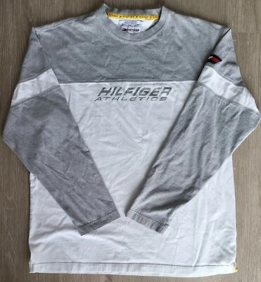 Tommy Hilfiger Atletismo Gris Blanco Plata Letras Camiseta Grande Manga Larga Foto 1 de 4