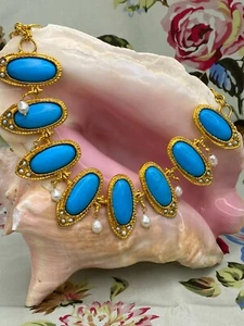 Turquoise & Pearl Byzantine Necklace 18K Gold Plate & Handcrafted in Istanbul  - Picture 1 of 12