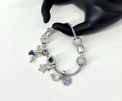 Pulsera de plata con dije de cadena de serpiente circonita cúbica brillante con cierre de barril luna corazón estrella Foto 1 de 4