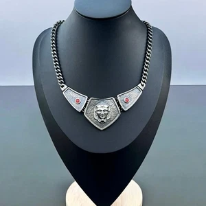 Vintage Egyptian Revival Pharaoh Face Silver Tone Red Rhinestone Bib Necklace - Picture 1 of 6