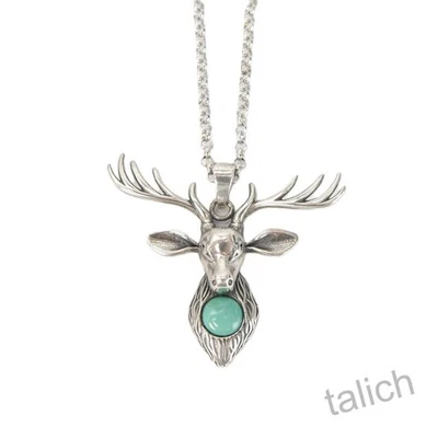 925 Sterling Silver Small Deer Head with Turquoise Pendant 18" Necklace Unique - Image 1 of 4