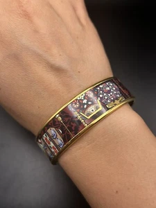 Hermes Gold Tone Coin Purse Printed Enamel Wide Bangle Bracelet - Picture 1 of 18