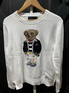 Polo Ralph Lauren Preppy Bear White Jumper Sweater Women’s Size L - NWT - Picture 1 of 8